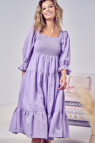 Swiss Dot Flounce Sleeve Smocked Tiered Midi Dress (Available in USA only)