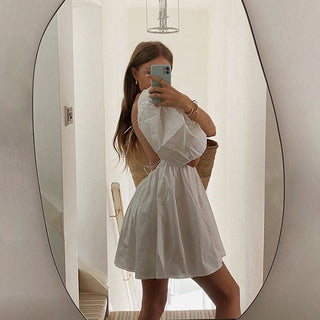 Fashion Summer Women White Dress Casual Backless Mini Dresses Hollow Out Floral Embroidery Cotton Party Dress New Robe 18504