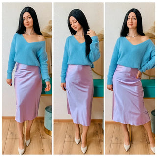 AYLA Solid Color Satin Silk Midi Skirt