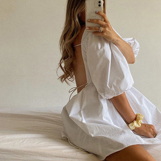 Fashion Summer Women White Dress Casual Backless Mini Dresses Hollow Out Floral Embroidery Cotton Party Dress New Robe 18504