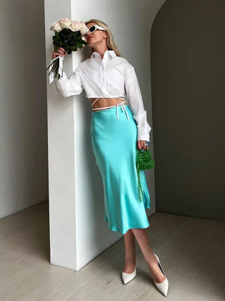 AYLA Solid Color Satin Silk Midi Skirt