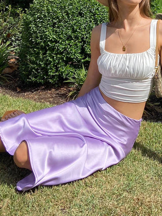 AYLA Solid Color Satin Silk Midi Skirt