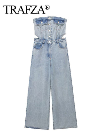 Vintage Denim Button Tube Jumpsuits