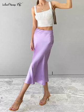 AYLA Solid Color Satin Silk Midi Skirt