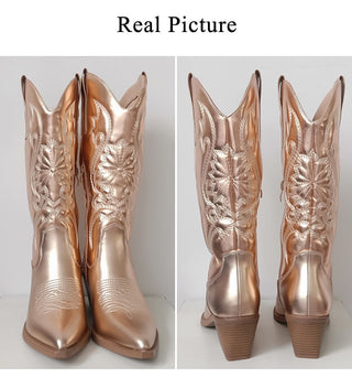 Embroidered Mid Calf Western Cowgirl Boots