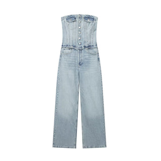 Vintage Denim Button Tube Jumpsuits