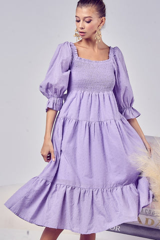 Swiss Dot Flounce Sleeve Smocked Tiered Midi Dress (Available in USA only)