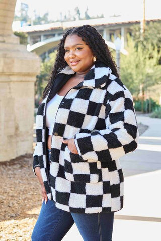 Checkered Button Front Coat with Pockets (Available in USA only)