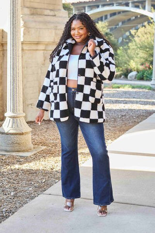 Checkered Button Front Coat with Pockets (Available in USA only)