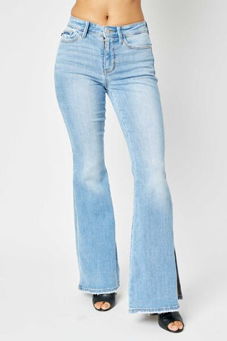 Mid Rise Raw Hem Slit Flare Jeans  (Available in USA only)