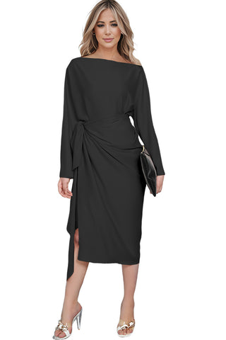 Boat Neck Long Sleeve Twisted Midi Dress (Available in USA ONLY)