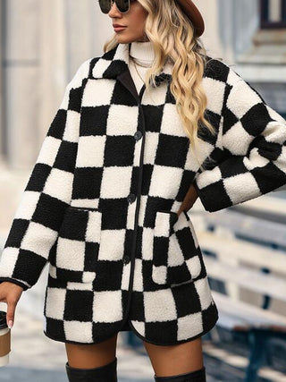 Checkered Button Front Coat with Pockets (Available in USA only)