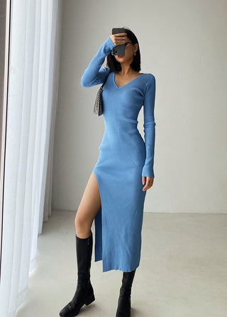 French slit sweater dress tight-fitting