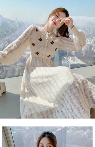 Knitted Embroidery Wool Long Sleeve Dress