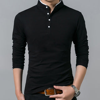 T-Shirt Men Cotton Full Sleeve Mandarin Collar