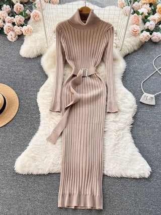 Turtleneck Knitted Sweater Dress with Belt Wrap