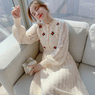 Knitted Embroidery Wool Long Sleeve Dress