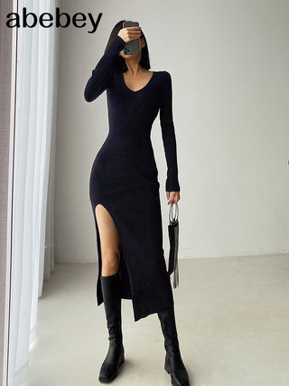 French slit sweater dress tight-fitting