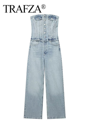 Vintage Denim Button Tube Jumpsuits