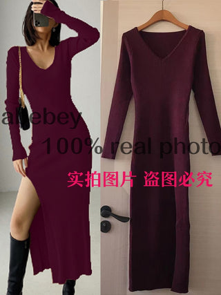 French slit sweater dress tight-fitting