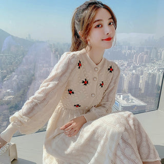 Knitted Embroidery Wool Long Sleeve Dress