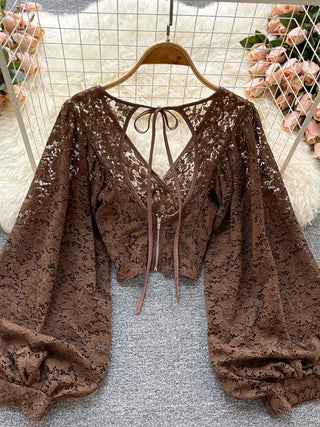 Lace V-Neck Puff Long Sleeve