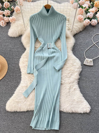 Turtleneck Knitted Sweater Dress with Belt Wrap