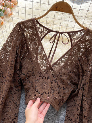 Lace V-Neck Puff Long Sleeve