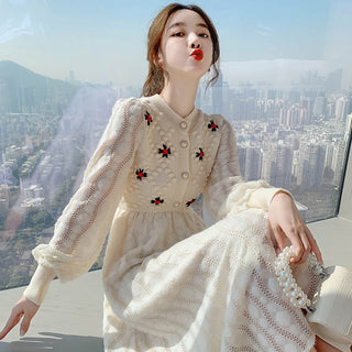 Knitted Embroidery Wool Long Sleeve Dress