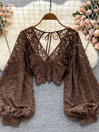 Lace V-Neck Puff Long Sleeve