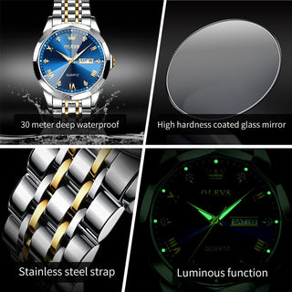 Luxury Waterproof Stainless Steel Strap Luminous Blue Men Wristwatch