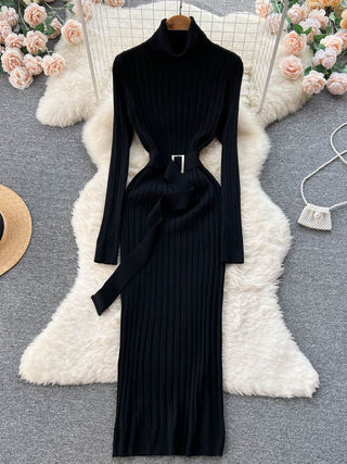 Turtleneck Knitted Sweater Dress with Belt Wrap