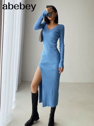 French slit sweater dress tight-fitting