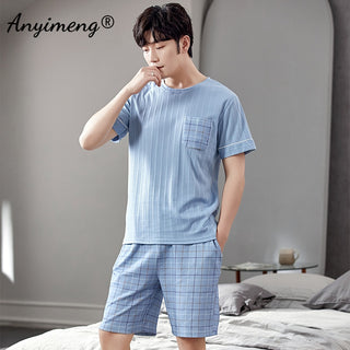 Pajamas Soft Breathable CottonSets Pullover Plaid Bottoms