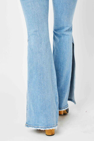 Mid Rise Raw Hem Slit Flare Jeans  (Available in USA only)