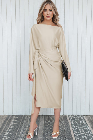 Boat Neck Long Sleeve Twisted Midi Dress (Available in USA ONLY)