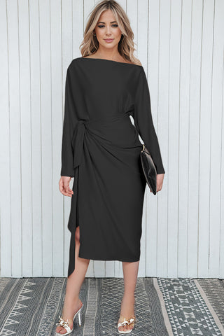 Boat Neck Long Sleeve Twisted Midi Dress (Available in USA ONLY)