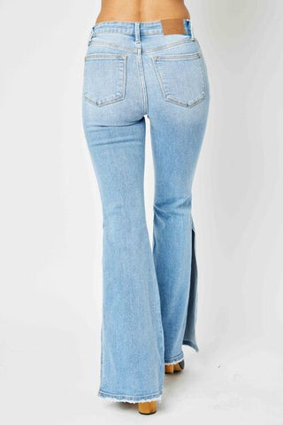 Mid Rise Raw Hem Slit Flare Jeans  (Available in USA only)